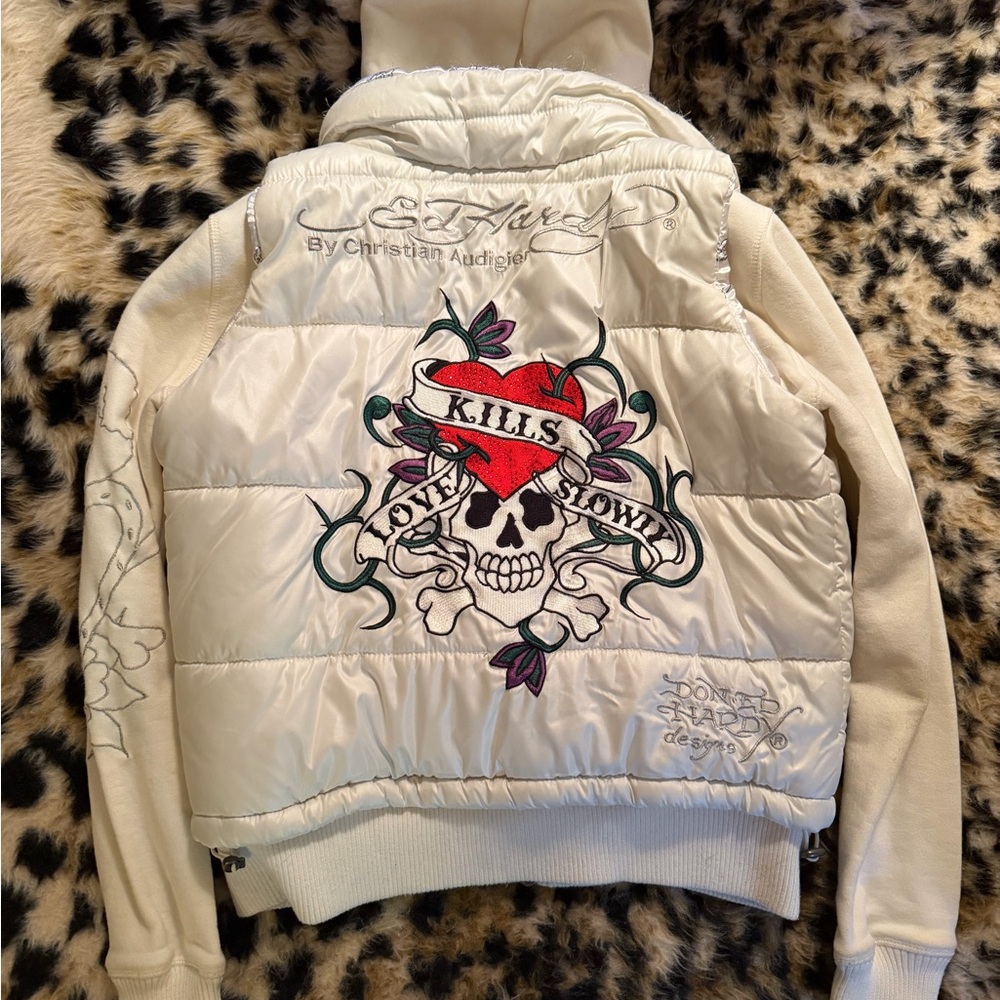 Ed Hardy White Puffer Hoodie Jacket with Bedazzled Skull Heart Embroidery